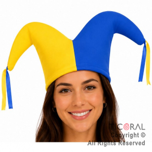 SOMBRERO BUFON DOS PUNTAS EQUIPO AZUL Y AMARILLO JERSEY x 10 UNIDADES